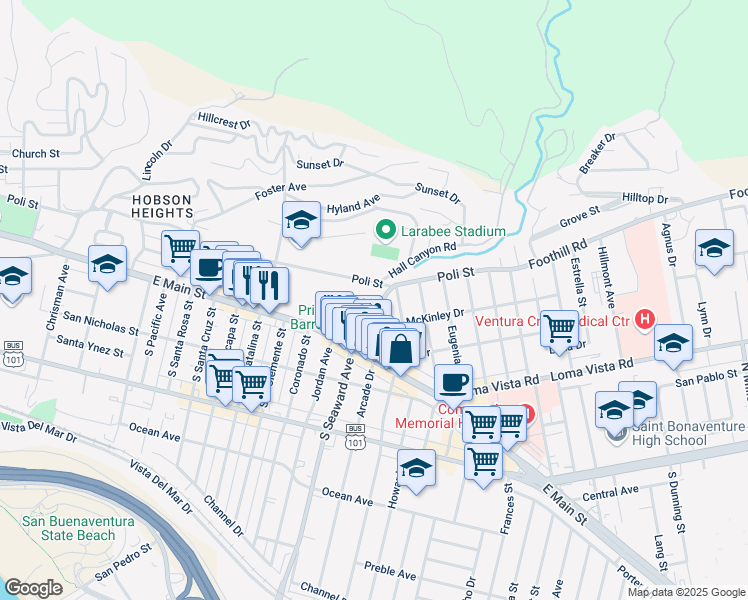 map of restaurants, bars, coffee shops, grocery stores, and more near 145 North Seaward Avenue in Ventura