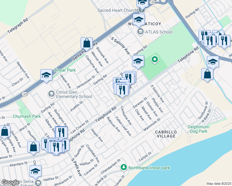 map of restaurants, bars, coffee shops, grocery stores, and more near 1050 Cachuma Avenue in Ventura