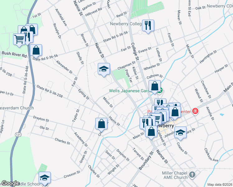 map of restaurants, bars, coffee shops, grocery stores, and more near 940 Speers Street in Newberry