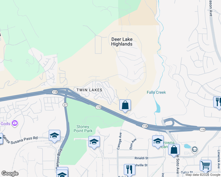 map of restaurants, bars, coffee shops, grocery stores, and more near Aucas Drive in Los Angeles County