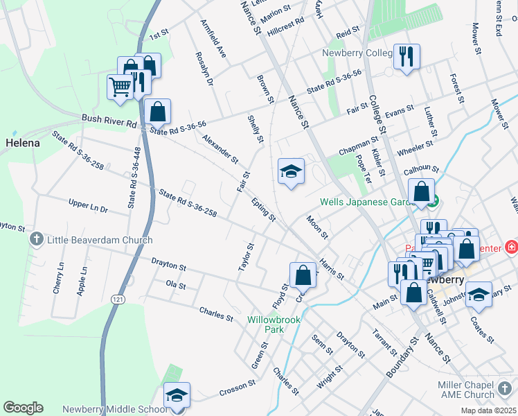 map of restaurants, bars, coffee shops, grocery stores, and more near 1911 Epting Street in Newberry