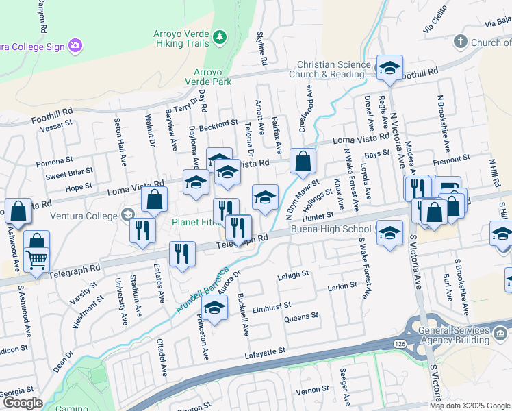 map of restaurants, bars, coffee shops, grocery stores, and more near 65 Teloma Drive in Ventura