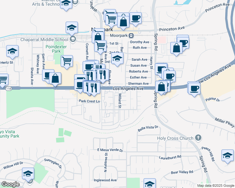 map of restaurants, bars, coffee shops, grocery stores, and more near 13182 Westcott Court in Moorpark