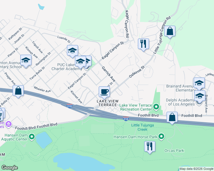 map of restaurants, bars, coffee shops, grocery stores, and more near 11335 Sunburst Street in Los Angeles