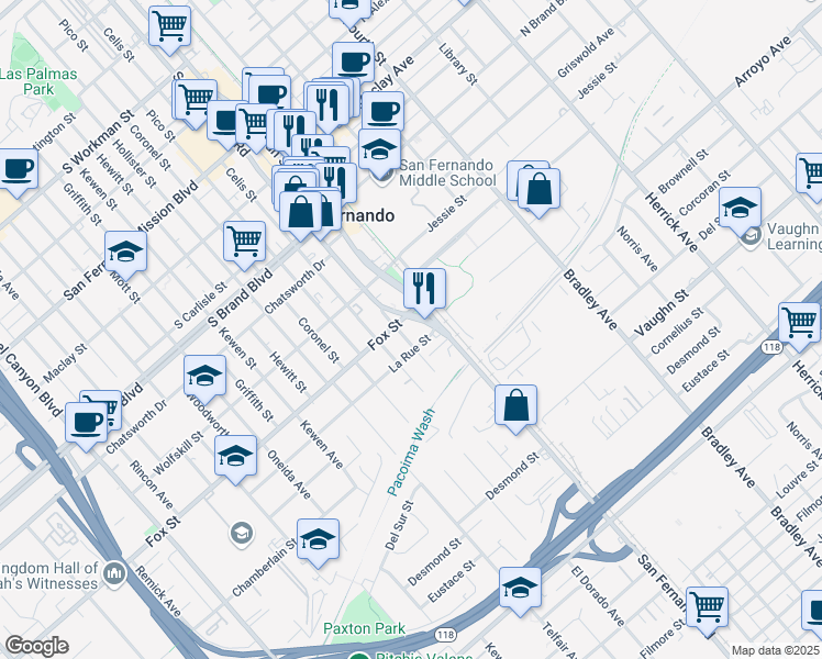 map of restaurants, bars, coffee shops, grocery stores, and more near 11461 San Fernando Road in San Fernando