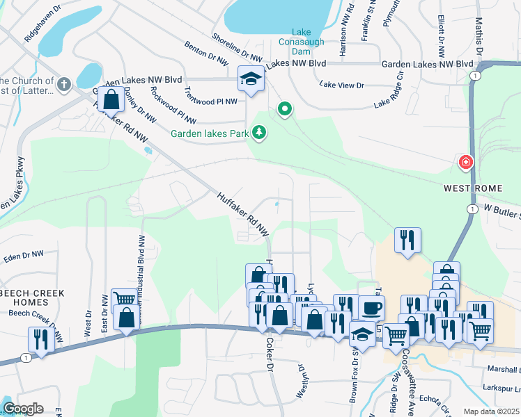 map of restaurants, bars, coffee shops, grocery stores, and more near 10 Brookstone Drive Northwest in Rome