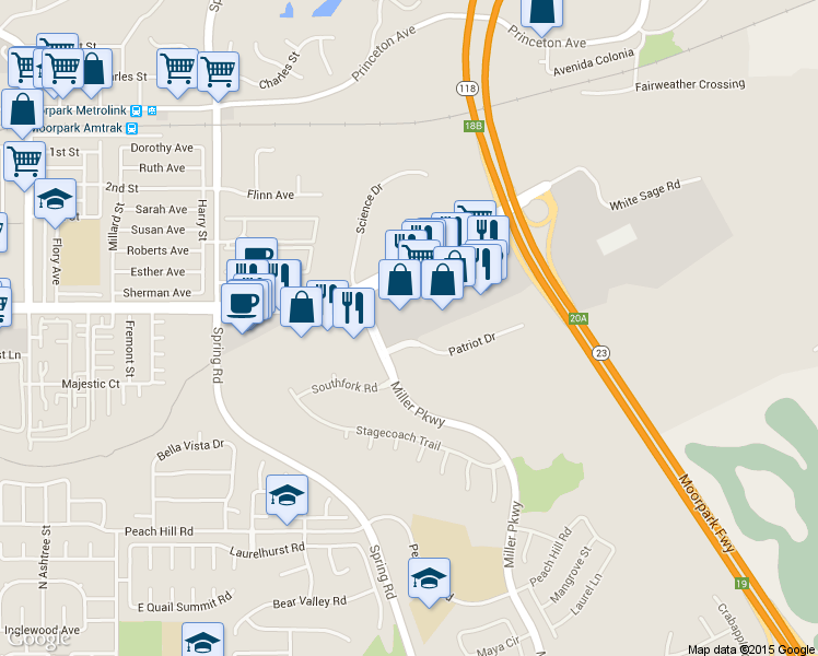 map of restaurants, bars, coffee shops, grocery stores, and more near 800 New Los Angeles Avenue in Moorpark