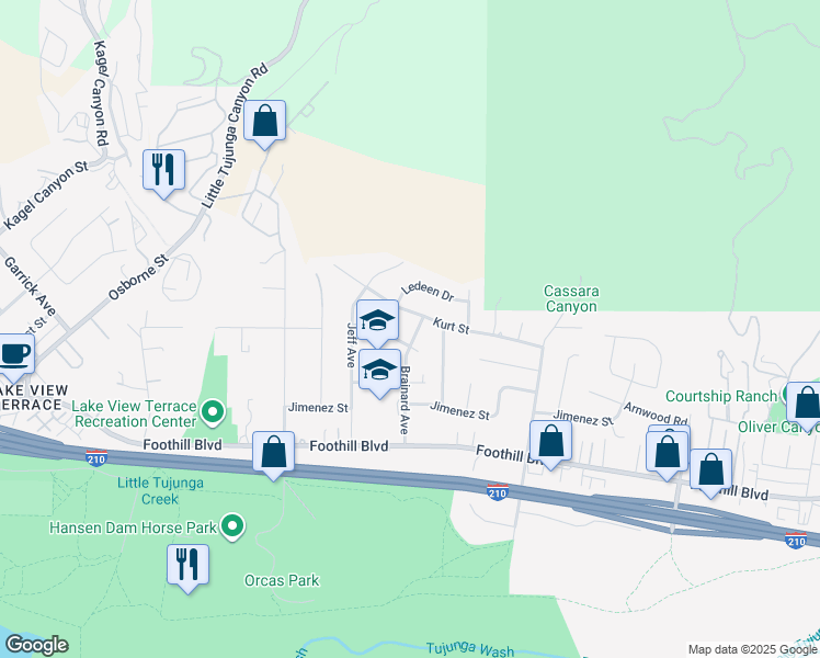 map of restaurants, bars, coffee shops, grocery stores, and more near 11447 Brainard Avenue in Los Angeles