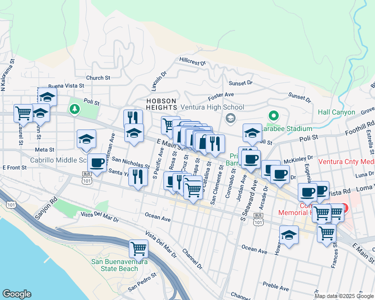 map of restaurants, bars, coffee shops, grocery stores, and more near 1 South Santa Cruz Street in Ventura