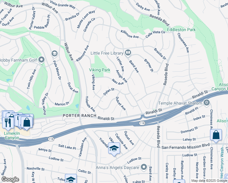 map of restaurants, bars, coffee shops, grocery stores, and more near 11369 Dulcet Avenue in Los Angeles