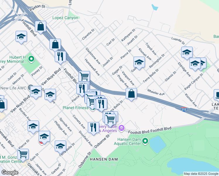 map of restaurants, bars, coffee shops, grocery stores, and more near 11501 Hunnewell Avenue in Los Angeles