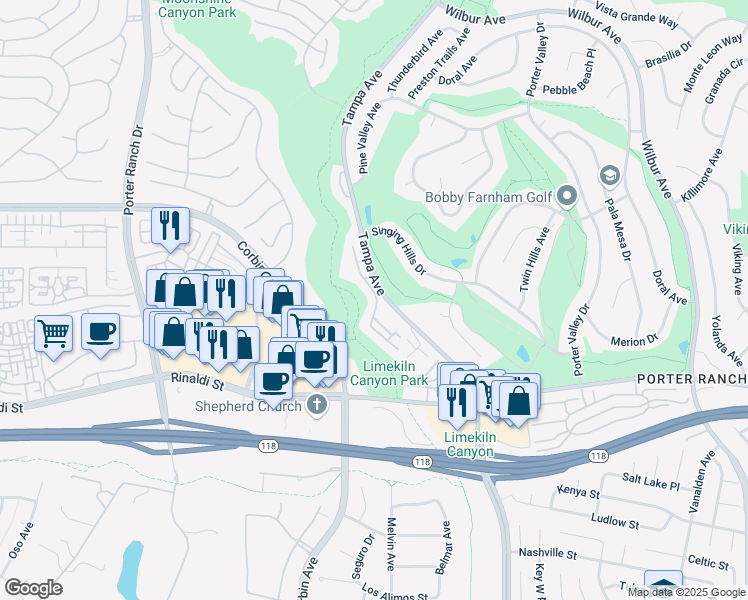 map of restaurants, bars, coffee shops, grocery stores, and more near 11445 Tampa Avenue in Los Angeles
