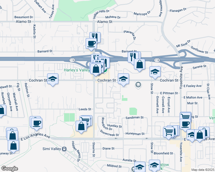 map of restaurants, bars, coffee shops, grocery stores, and more near 2343 Archwood Lane in Simi Valley