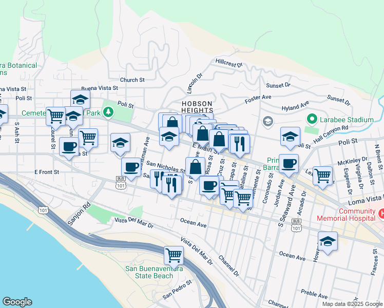 map of restaurants, bars, coffee shops, grocery stores, and more near 70 Hurst Avenue in Ventura