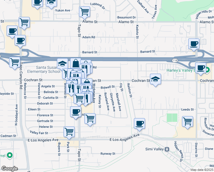 map of restaurants, bars, coffee shops, grocery stores, and more near 4521 Bidwell Street in Simi Valley