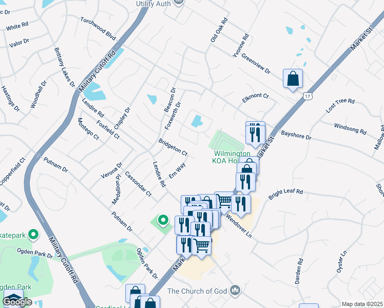 map of restaurants, bars, coffee shops, grocery stores, and more near 210 Bridgeton Court in Wilmington