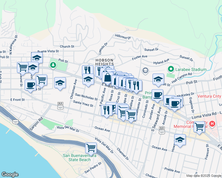map of restaurants, bars, coffee shops, grocery stores, and more near 1842 East Main Street in Ventura