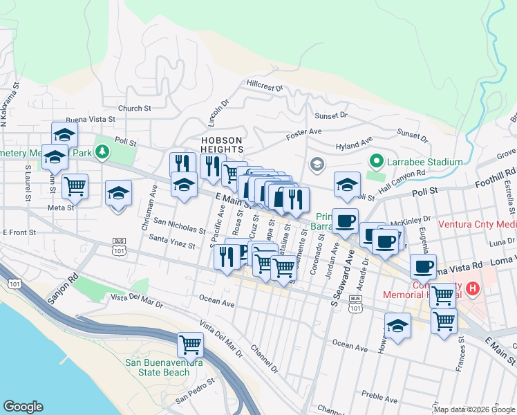 map of restaurants, bars, coffee shops, grocery stores, and more near East Main Street & North Santa Cruz Street in Ventura