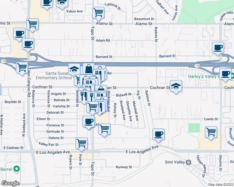 map of restaurants, bars, coffee shops, grocery stores, and more near 4497 Bidwell Street in Simi Valley