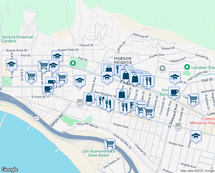 map of restaurants, bars, coffee shops, grocery stores, and more near 96 Macmillan Avenue in Ventura