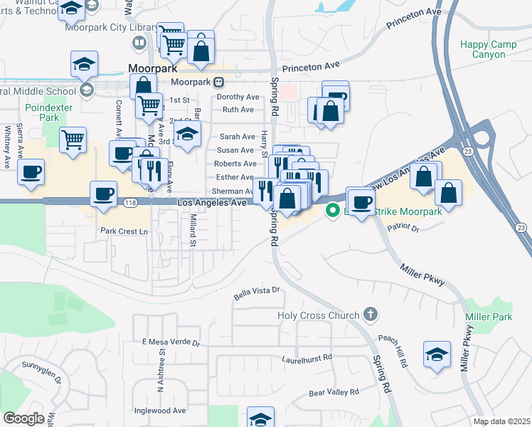 map of restaurants, bars, coffee shops, grocery stores, and more near 4875 Spring Road in Moorpark