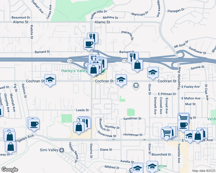 map of restaurants, bars, coffee shops, grocery stores, and more near 2387 Archwood Lane in Simi Valley