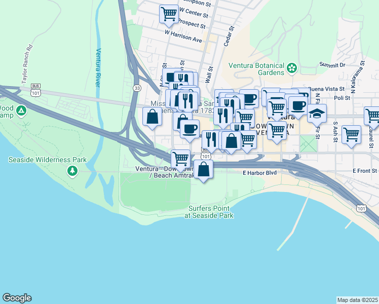map of restaurants, bars, coffee shops, grocery stores, and more near 176 South Ventura Avenue in Ventura