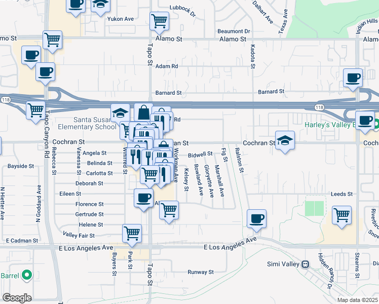 map of restaurants, bars, coffee shops, grocery stores, and more near 4497 Bidwell Street in Simi Valley