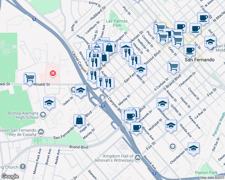 map of restaurants, bars, coffee shops, grocery stores, and more near 14615 San Fernando Mission Boulevard in San Fernando