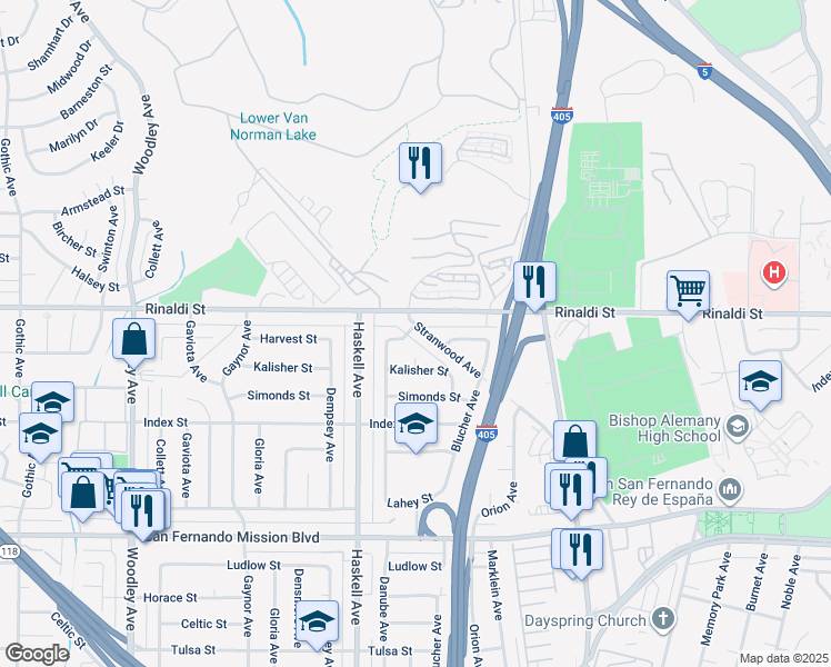 map of restaurants, bars, coffee shops, grocery stores, and more near 11451 Stranwood Avenue in Los Angeles