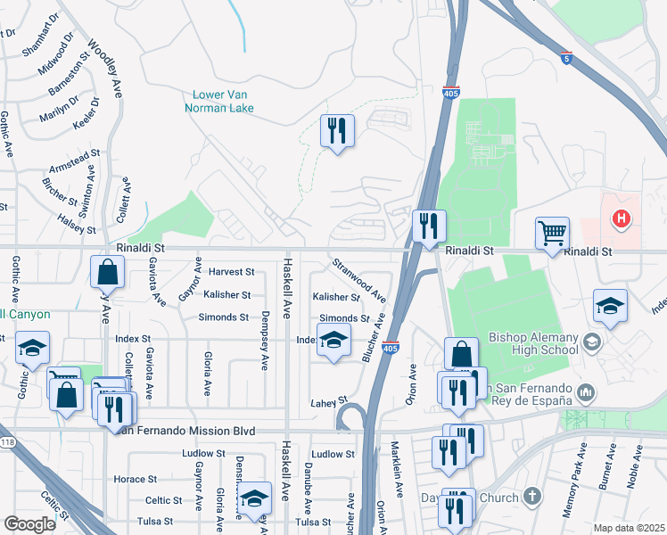 map of restaurants, bars, coffee shops, grocery stores, and more near 11451 Stranwood Avenue in Los Angeles