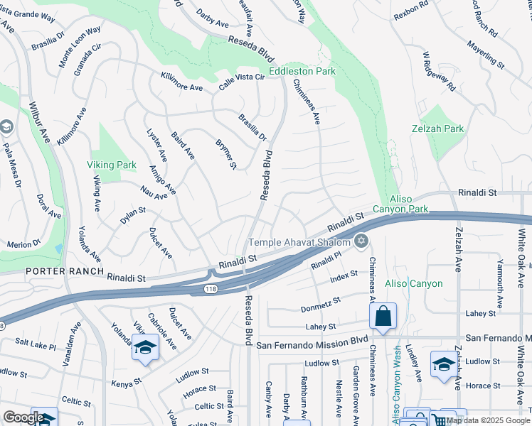 map of restaurants, bars, coffee shops, grocery stores, and more near 11410 Reseda Boulevard in Los Angeles