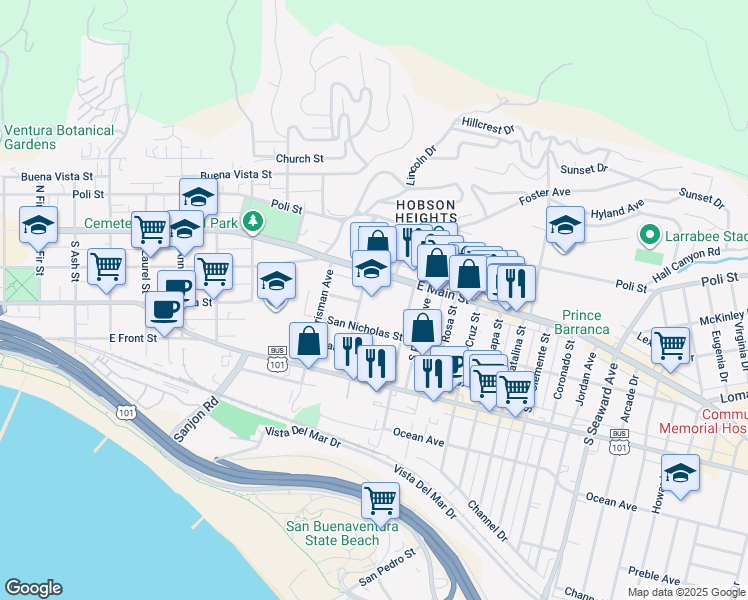 map of restaurants, bars, coffee shops, grocery stores, and more near 96 Macmillan Avenue in Ventura