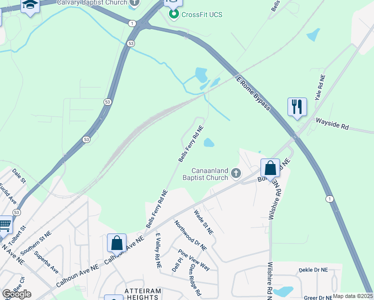map of restaurants, bars, coffee shops, grocery stores, and more near 18 Bells Ferry Road Northeast in Rome