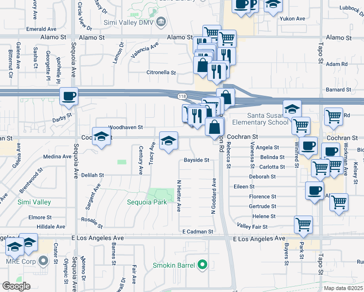 map of restaurants, bars, coffee shops, grocery stores, and more near 3873 Delano Court in Simi Valley