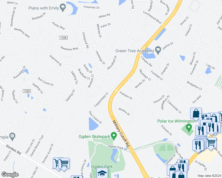 map of restaurants, bars, coffee shops, grocery stores, and more near 7102 Copperfield Court in Wilmington