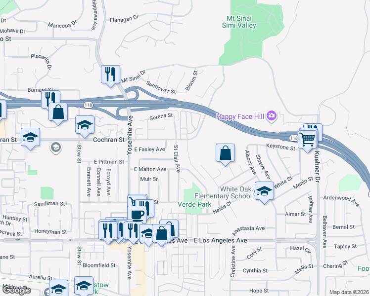 map of restaurants, bars, coffee shops, grocery stores, and more near 2348 Saint Clair Avenue in Simi Valley