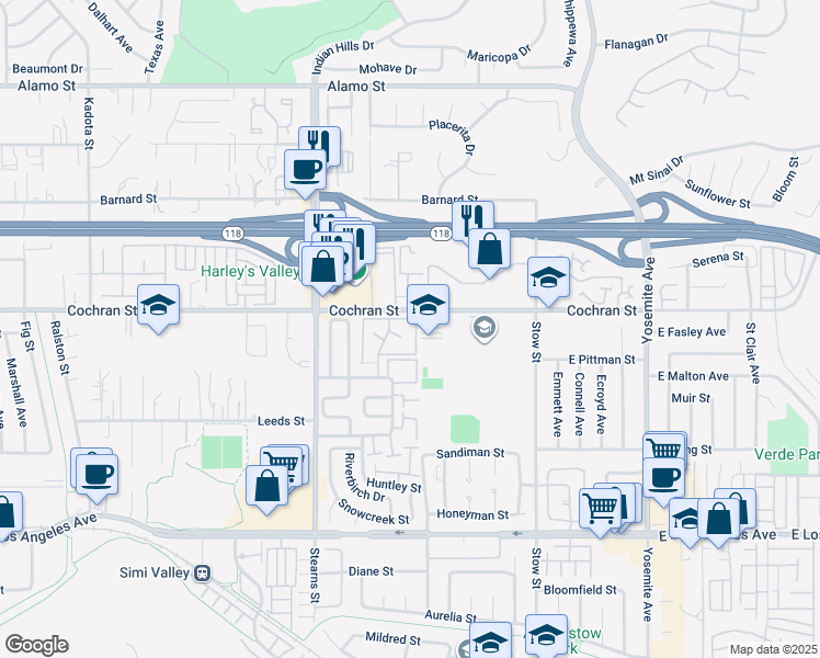 map of restaurants, bars, coffee shops, grocery stores, and more near 2352 Archwood Lane in Simi Valley