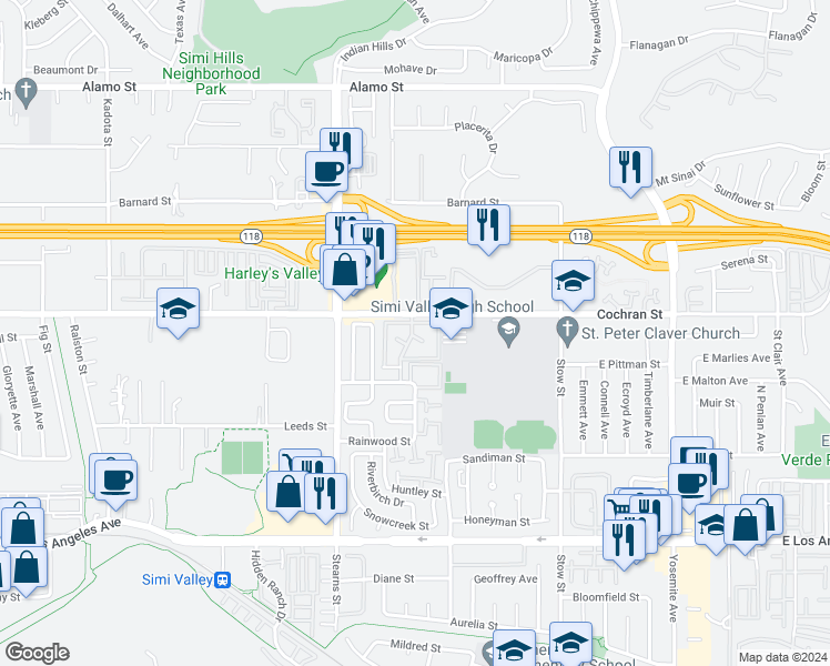 map of restaurants, bars, coffee shops, grocery stores, and more near 2343 Archwood Lane in Simi Valley