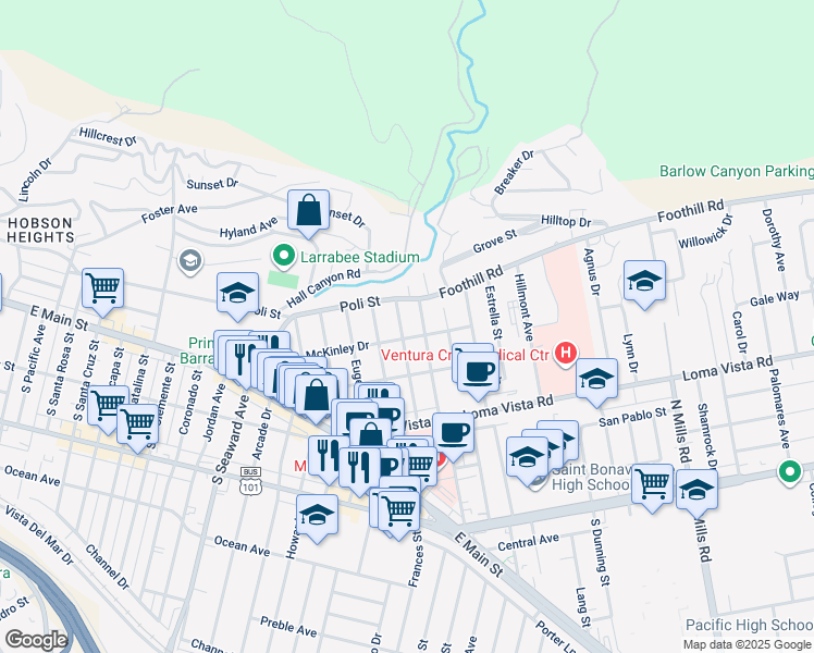map of restaurants, bars, coffee shops, grocery stores, and more near 298 Dalton Street in Ventura