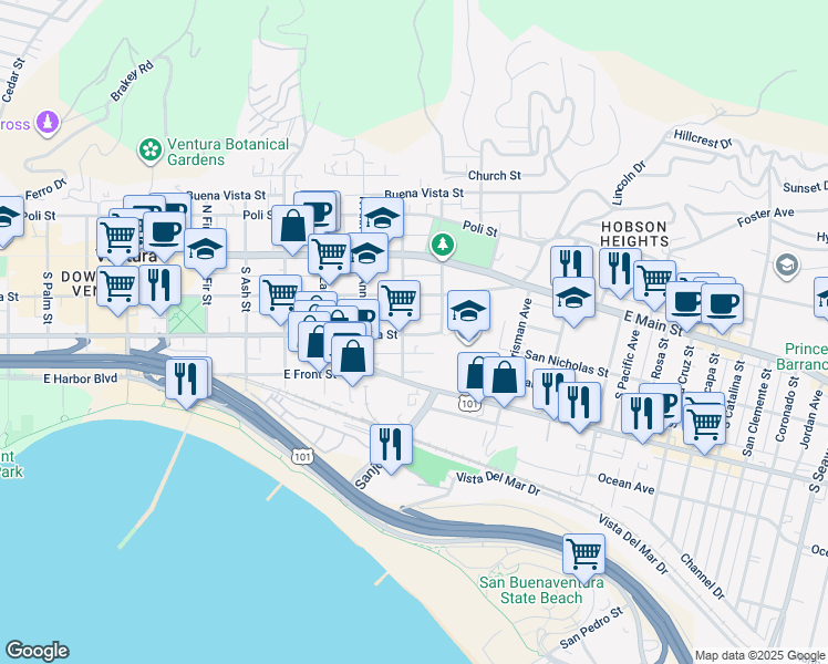 map of restaurants, bars, coffee shops, grocery stores, and more near 1256 Meta Street in Ventura