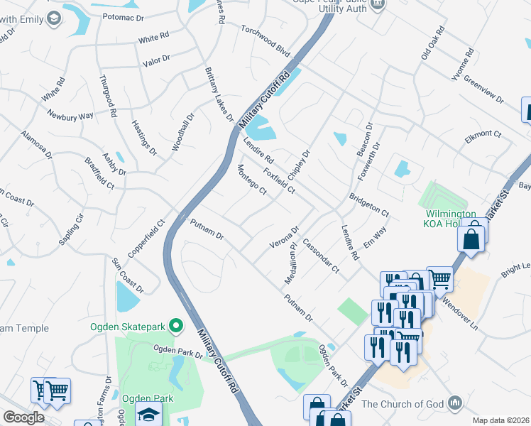 map of restaurants, bars, coffee shops, grocery stores, and more near 7227 Culloden Court in Wilmington