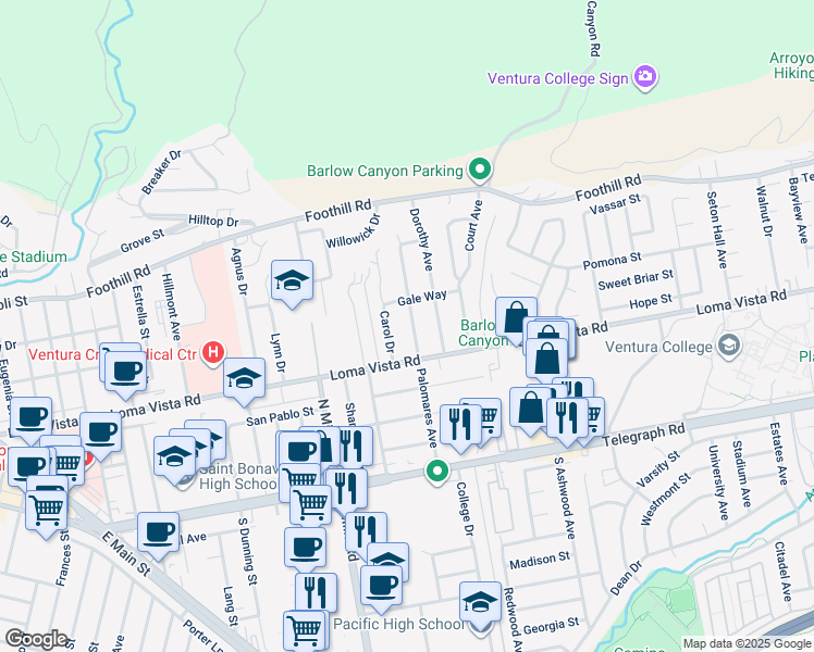 map of restaurants, bars, coffee shops, grocery stores, and more near 251 Palomares Avenue in Ventura