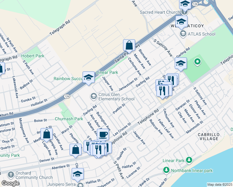 map of restaurants, bars, coffee shops, grocery stores, and more near 9914 Jamestown Street in Ventura