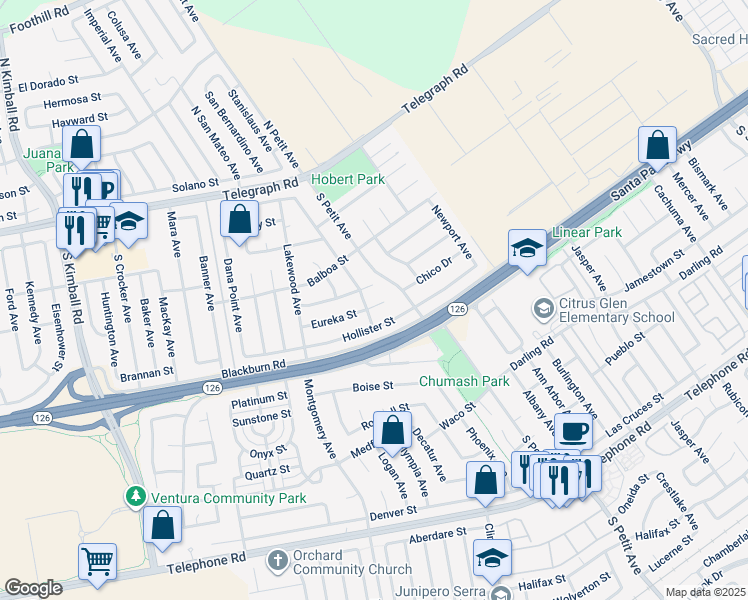 map of restaurants, bars, coffee shops, grocery stores, and more near 8527 Eureka Street in Ventura