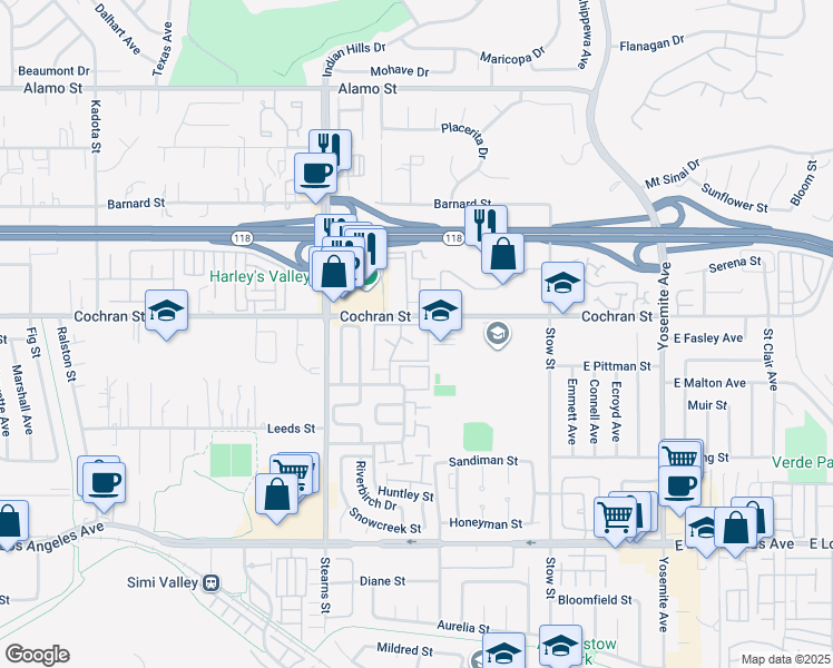 map of restaurants, bars, coffee shops, grocery stores, and more near 2352 Archwood Lane in Simi Valley