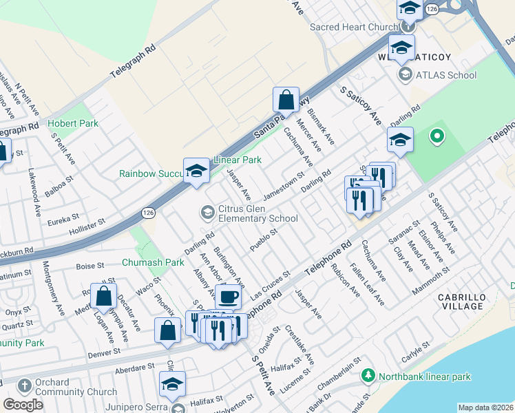 map of restaurants, bars, coffee shops, grocery stores, and more near 9914 Jamestown Street in Ventura