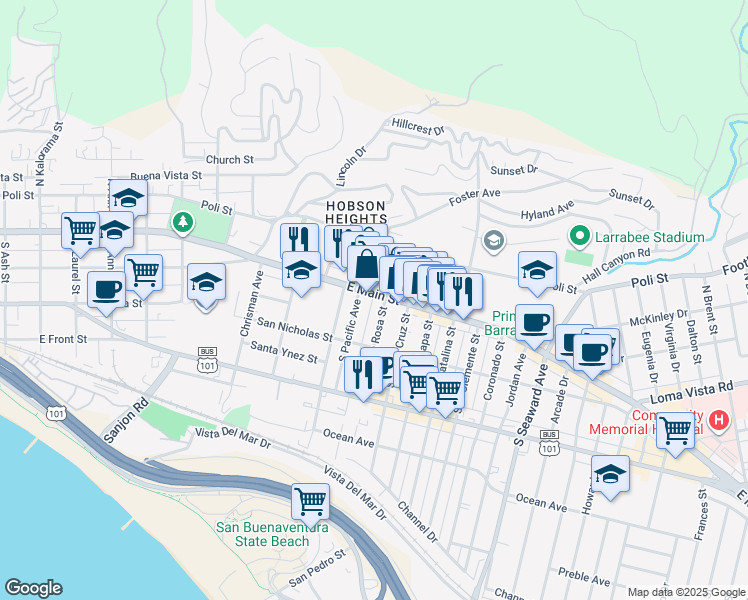 map of restaurants, bars, coffee shops, grocery stores, and more near 1842 East Main Street in Ventura