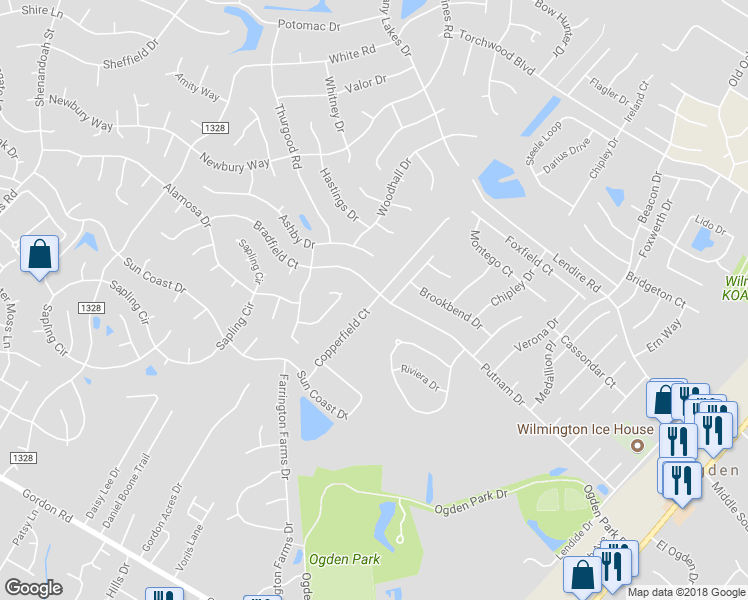 map of restaurants, bars, coffee shops, grocery stores, and more near 7119 Copperfield Court in Wilmington