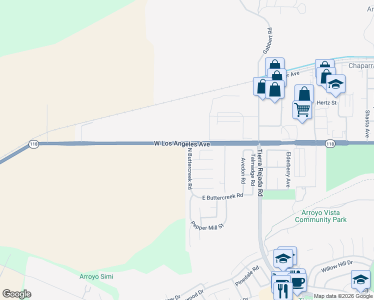 map of restaurants, bars, coffee shops, grocery stores, and more near 11521 Poppyglen Court in Moorpark